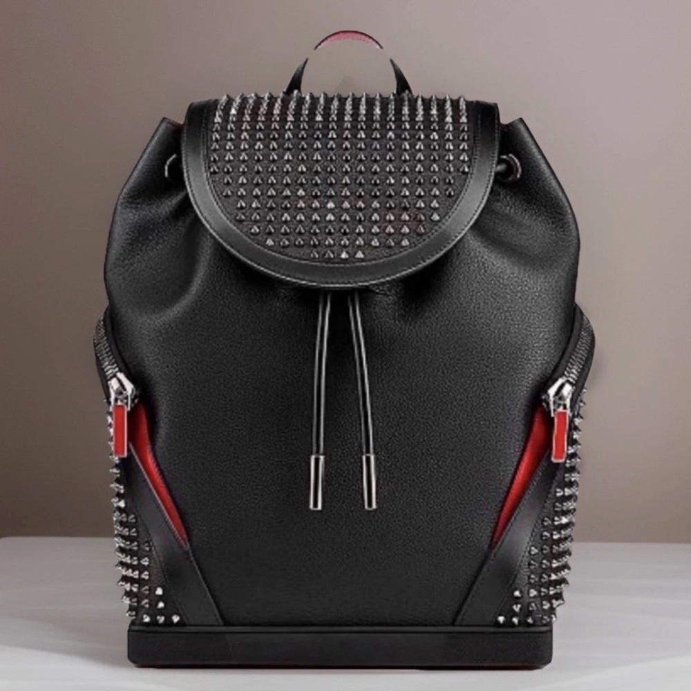 Christian Louboutin XL Rare Spike Black Leather Red Mesh Funky Studded Backpack